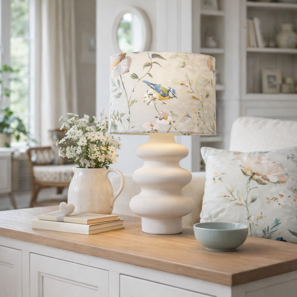 Lampenschirm Mint mit Blaumeisen & Blumen – Romantischer Stofflampenschirm im Landhausstil