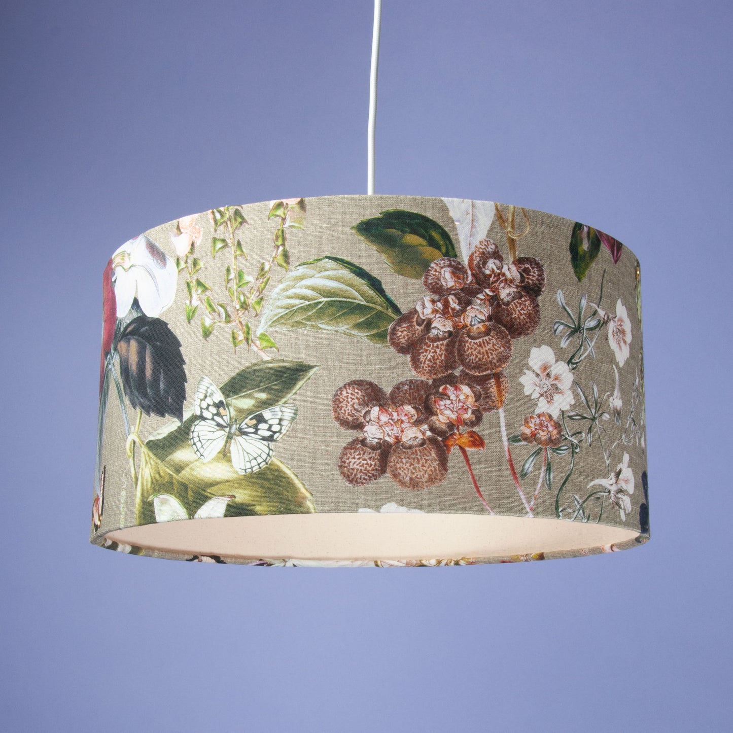 Lampenschirm Leinenoptik Beige mit floralem Naturmotiv & Schmetterling