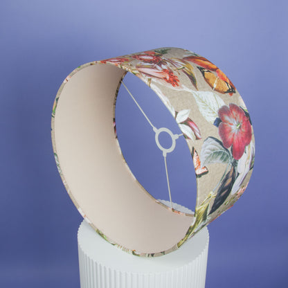 Lampenschirm Leinenoptik Beige mit floralem Naturmotiv & Schmetterling