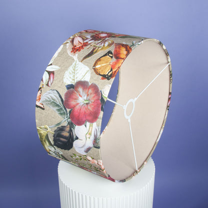 Lampenschirm Leinenoptik Beige mit floralem Naturmotiv & Schmetterling