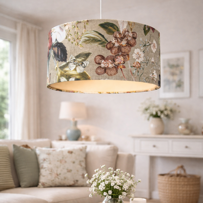 Lampenschirm Leinenoptik Beige mit floralem Naturmotiv & Schmetterling
