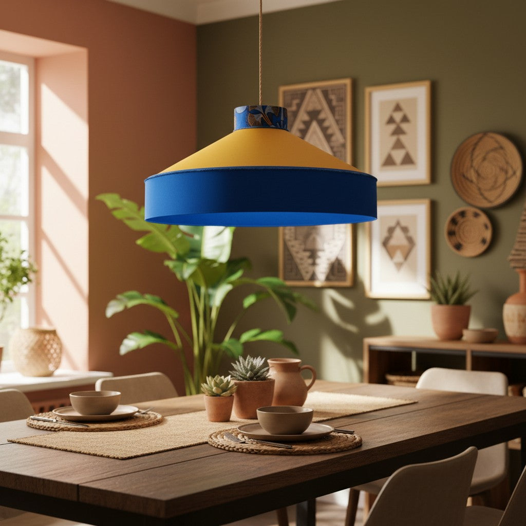 Lampenschirm-Stoff-Blau-Gelb-Afrohemian – Großer Trichterlampenschirm