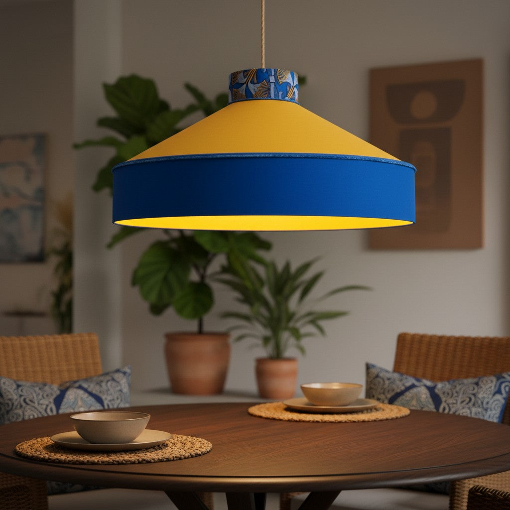 Lampenschirm-Stoff-Blau-Gelb-Afrohemian – Großer Trichterlampenschirm