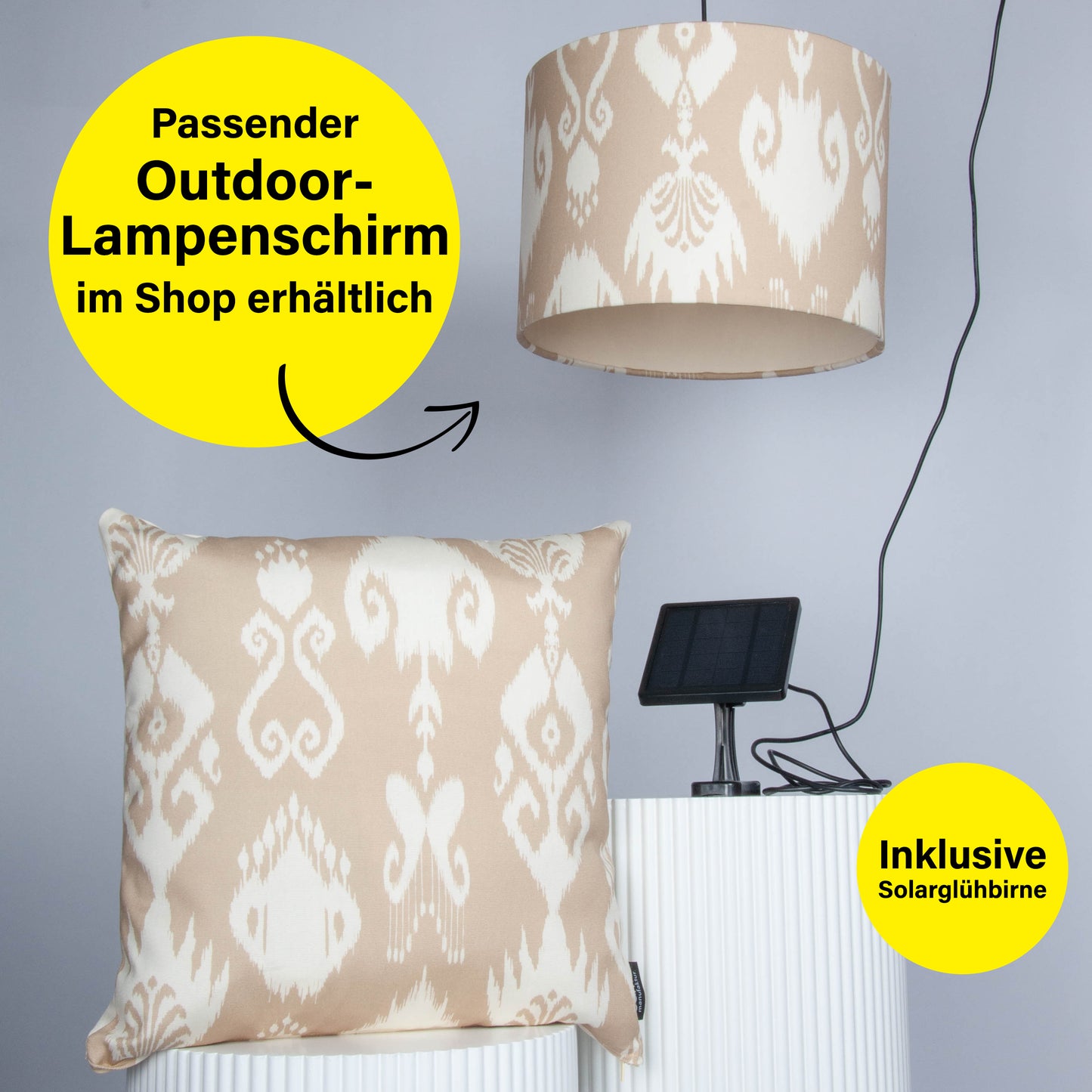 Outdoor Lampenschirm Gartenbeleuchtung Solarleuchte – Ikat Beige, Rückseite cremeweiß