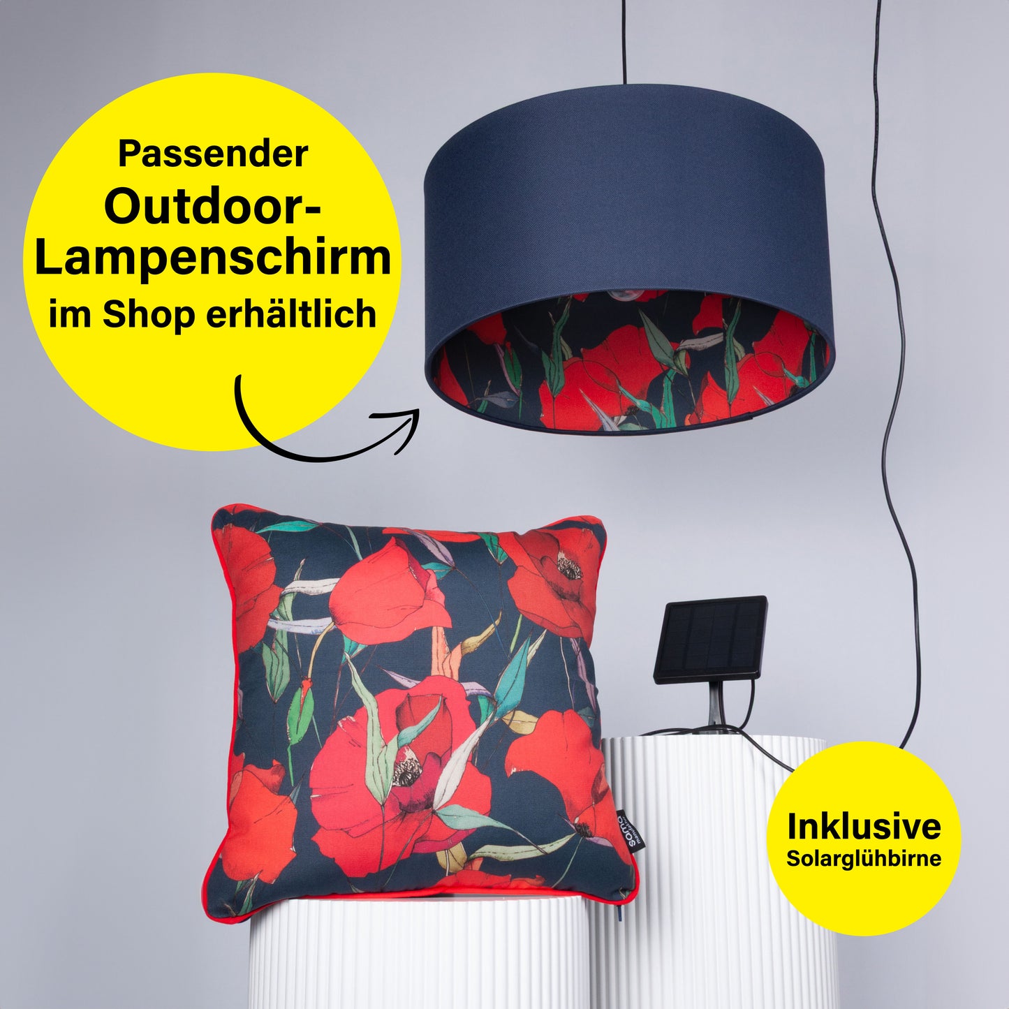 Outdoor Dekokissen 40 x 40 cm Mohnblumen, Rückseite dunkelblau