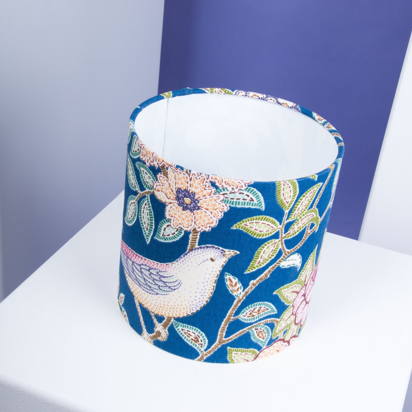 Velvet Lampshade Dark Blue with Cotton Sateen Inner Fabric in an Abstract Pattern