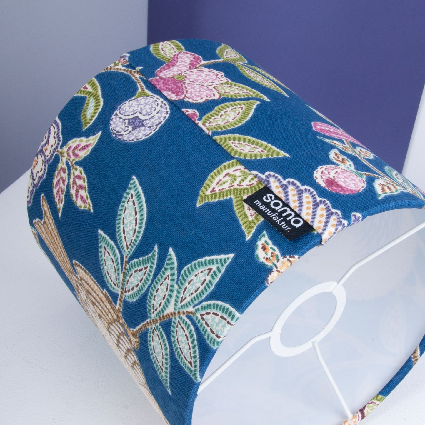Velvet Lampshade Dark Blue with Cotton Sateen Inner Fabric in an Abstract Pattern
