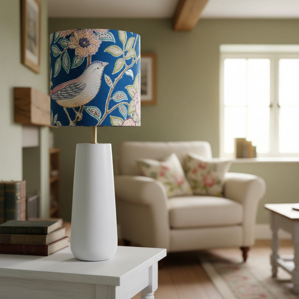 Velvet Lampshade Dark Blue with Cotton Sateen Inner Fabric in an Abstract Pattern