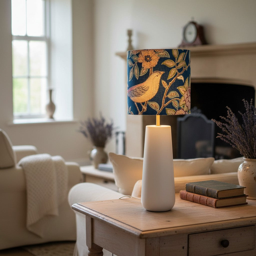 Velvet Lampshade Dark Blue with Cotton Sateen Inner Fabric in an Abstract Pattern