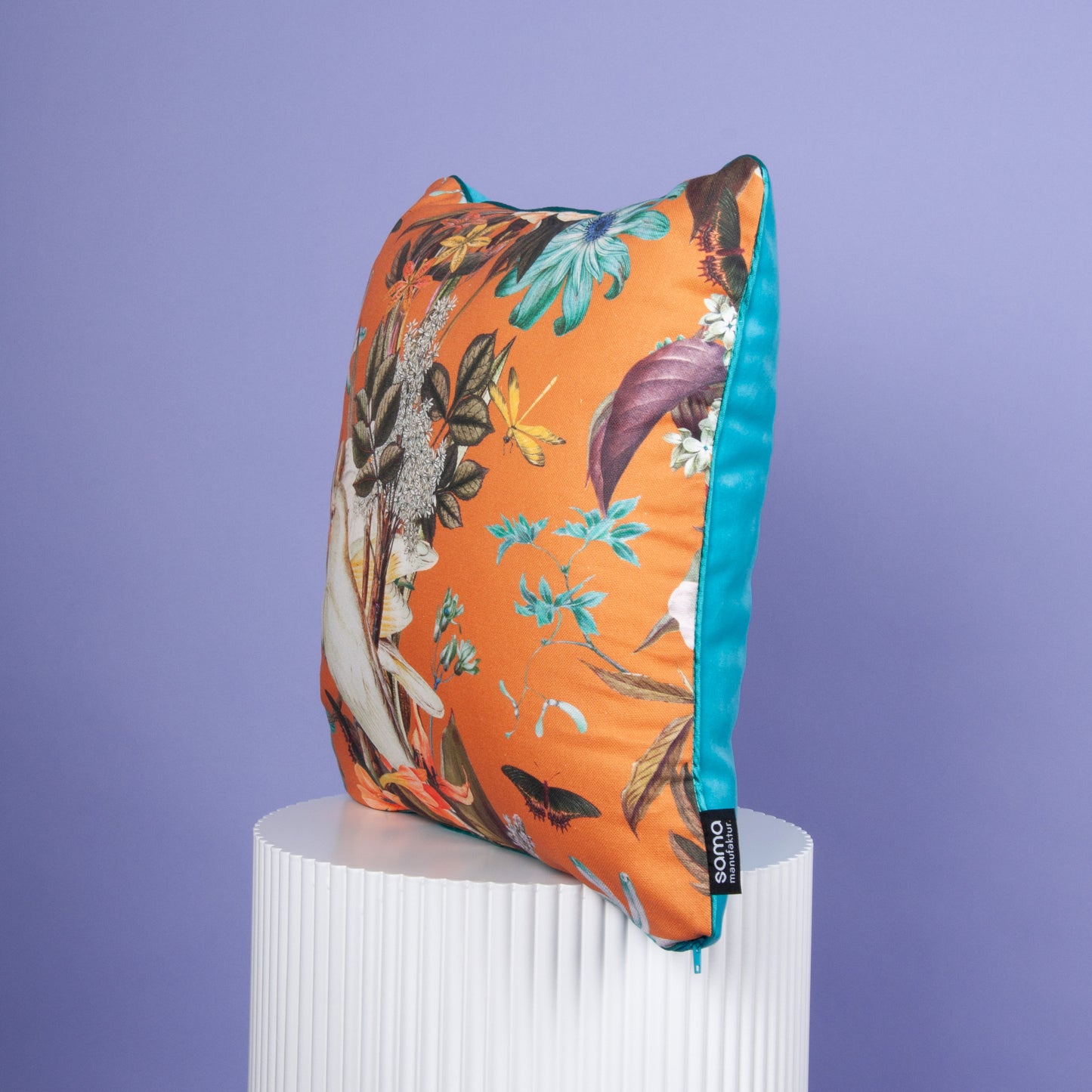 Dekokissen 40 x 40 cm Baumwolle Papageien, Rückseite Samt türkies