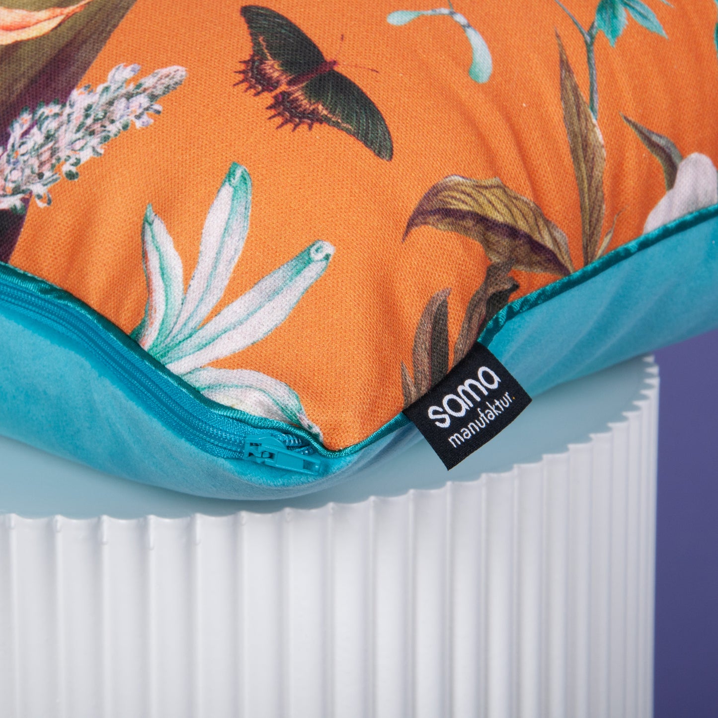 Dekokissen 40 x 40 cm Baumwolle Papageien, Rückseite Samt türkies