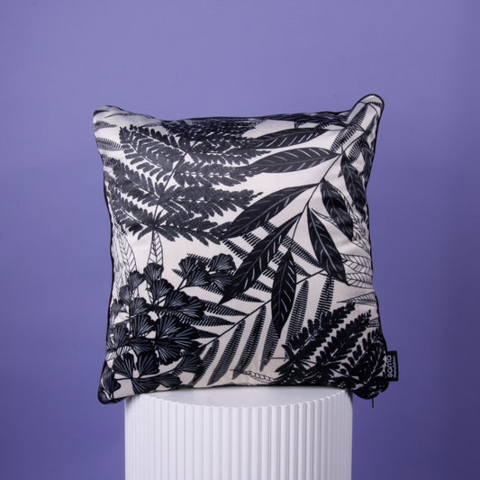 Dekokissen 40 x 40 cm Samt Schwarz weiß Blätter, Rückseite Samt Schwarz