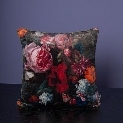 Dekokissen 40 x 40 cm Stoff Samt Blumen Floral, Rückseite Samt schwarz