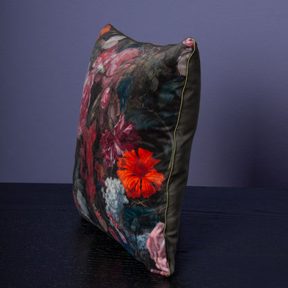 Dekokissen 40 x 40 cm Stoff Samt Blumen Floral, Rückseite Samt schwarz