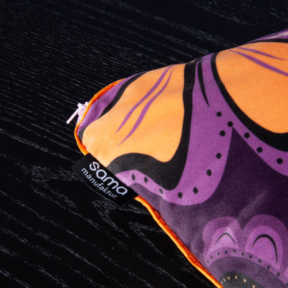 Dekokissen 40 x 40 cm Samtstoff Lila mit Libellen und Pflanzen, Rückseite Baumwolle hellrosa