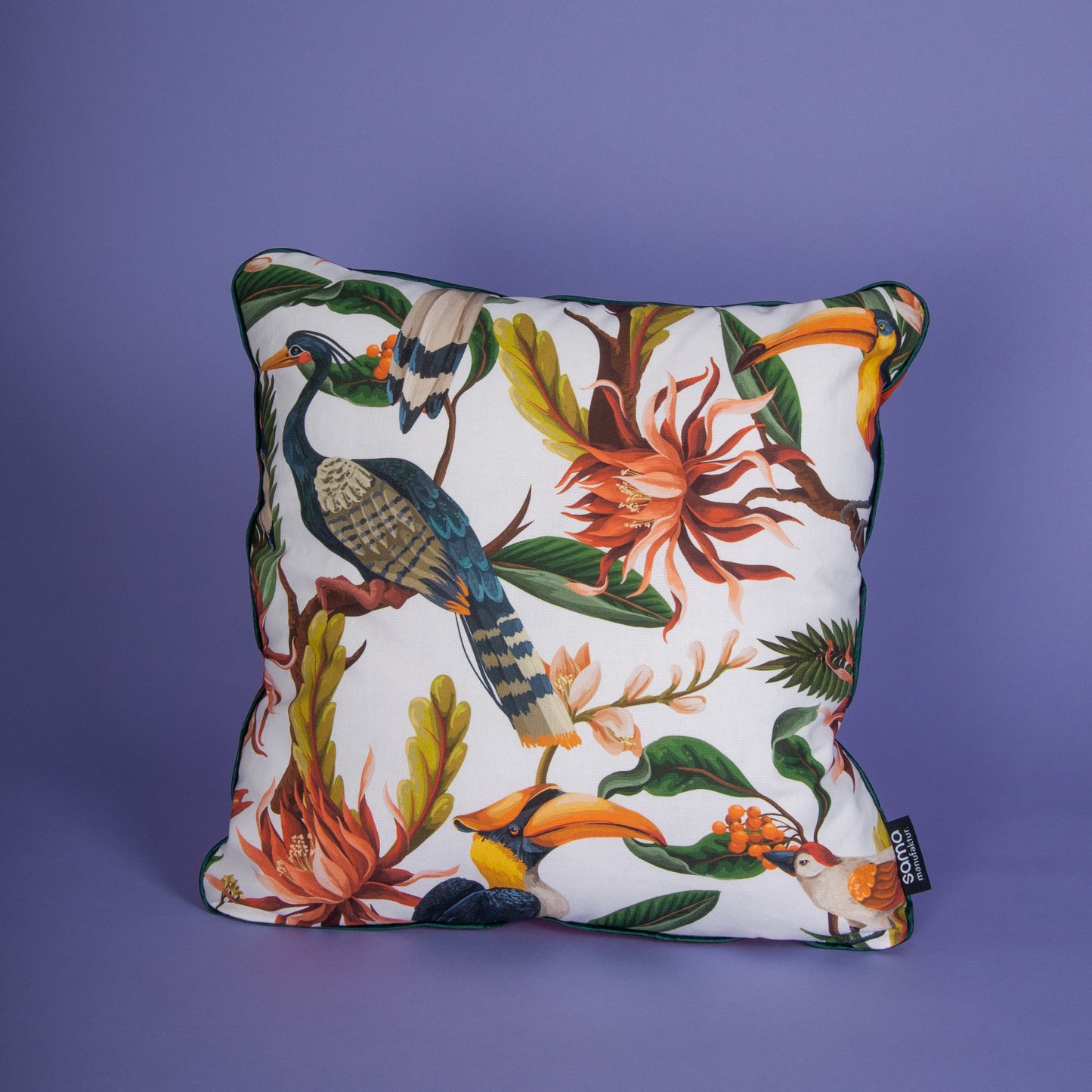 Dekokissen 40 cm x 40 cm Samt Orange, Dschungelmotiv mit Tukans und Blumen