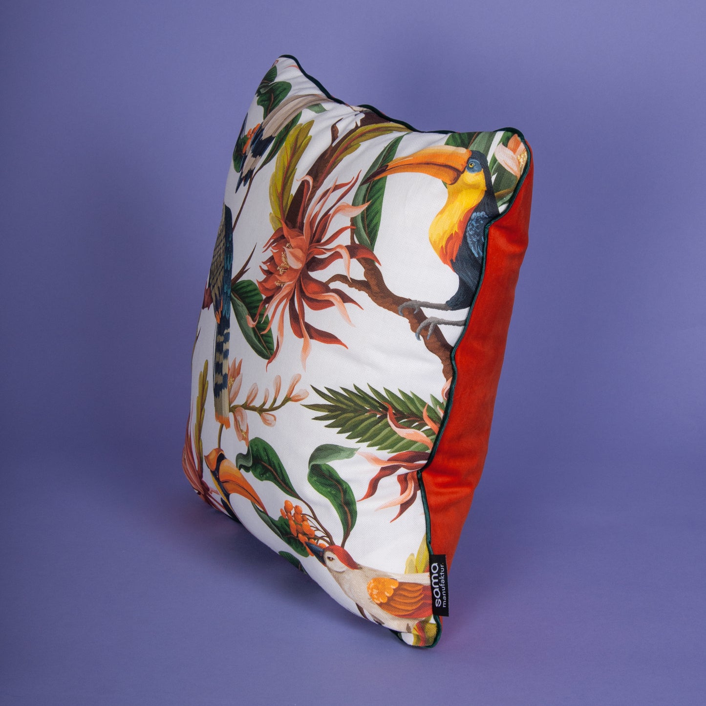 Dekokissen 40 cm x 40 cm Samt Orange, Dschungelmotiv mit Tukans und Blumen