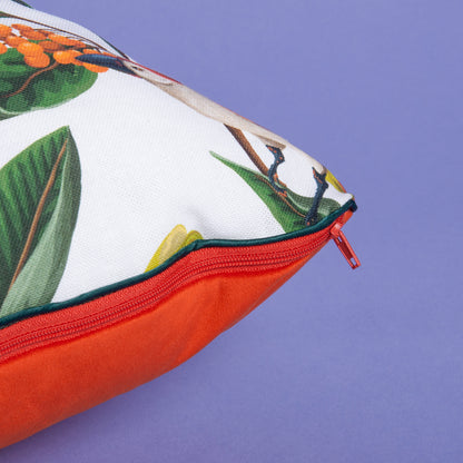 Dekokissen 40 cm x 40 cm Samt Orange, Dschungelmotiv mit Tukans und Blumen