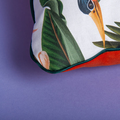 Dekokissen 40 cm x 40 cm Samt Orange, Dschungelmotiv mit Tukans und Blumen