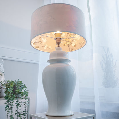 Lampenschirm Samt Creme Weiss – Florales Magnolien-Muster – Landhaus & Japandi Stil