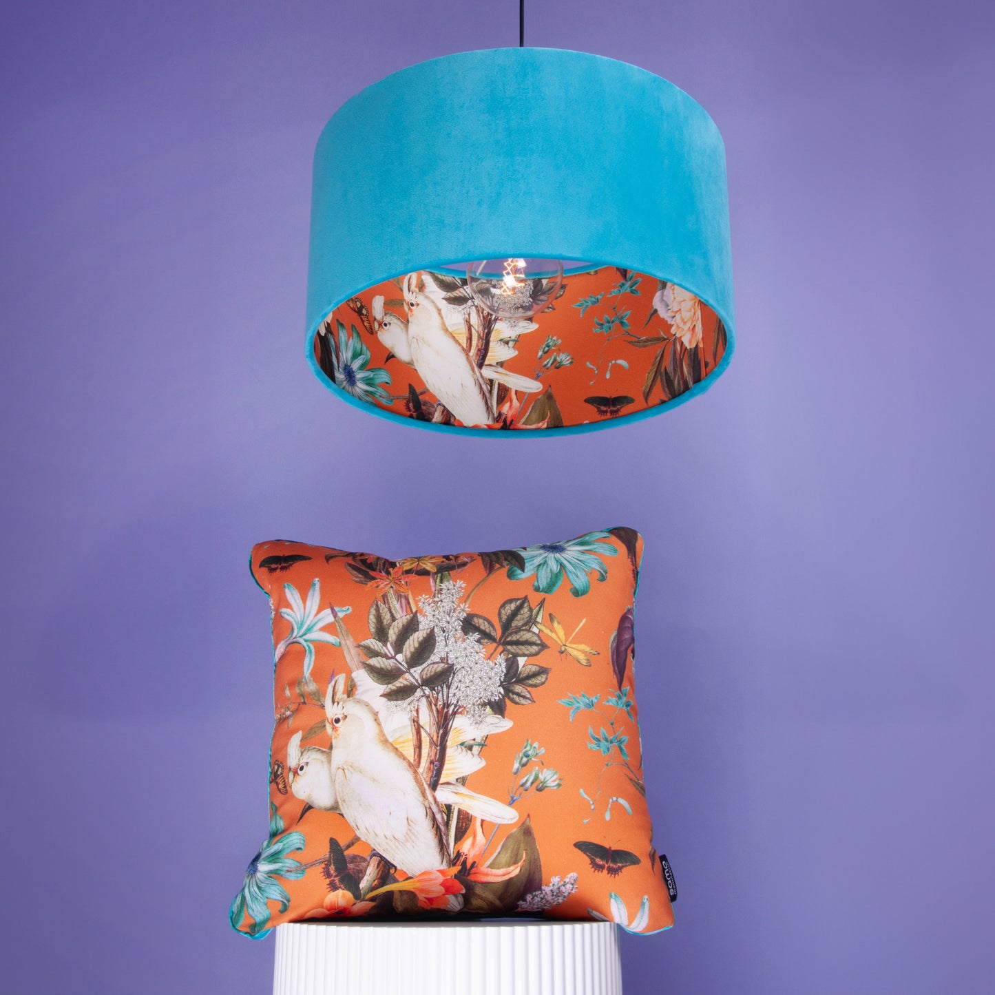 Lampenschirm Samt Türkies, Innenstoff Baumwolle Papagei Orange