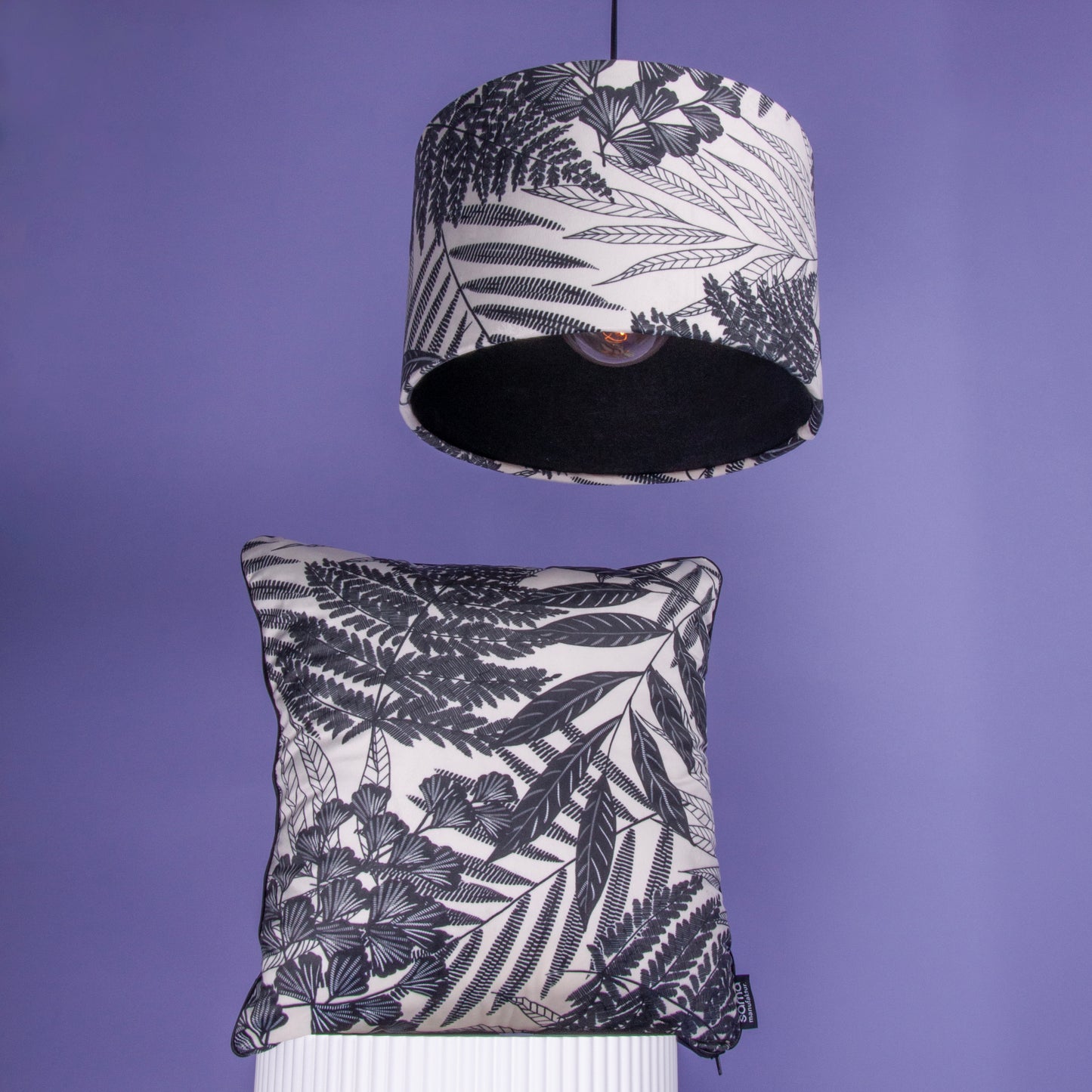 Lampenschirm Samt Schwarzweiß Floral Blätter, Innenstoff Baumwolle Schwarz