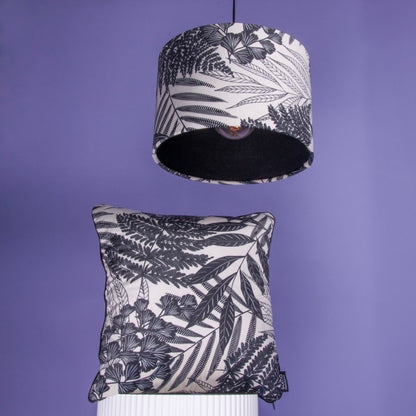 Lampenschirm Samt Schwarzweiß Floral Blätter, Innenstoff Baumwolle Schwarz