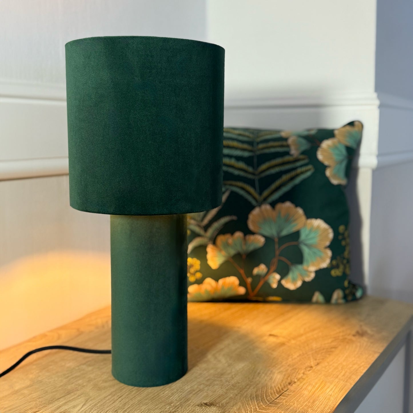 Tischleuchte Samt Sockel Grün – Innen Musterstoff Floral Ginkoblätter