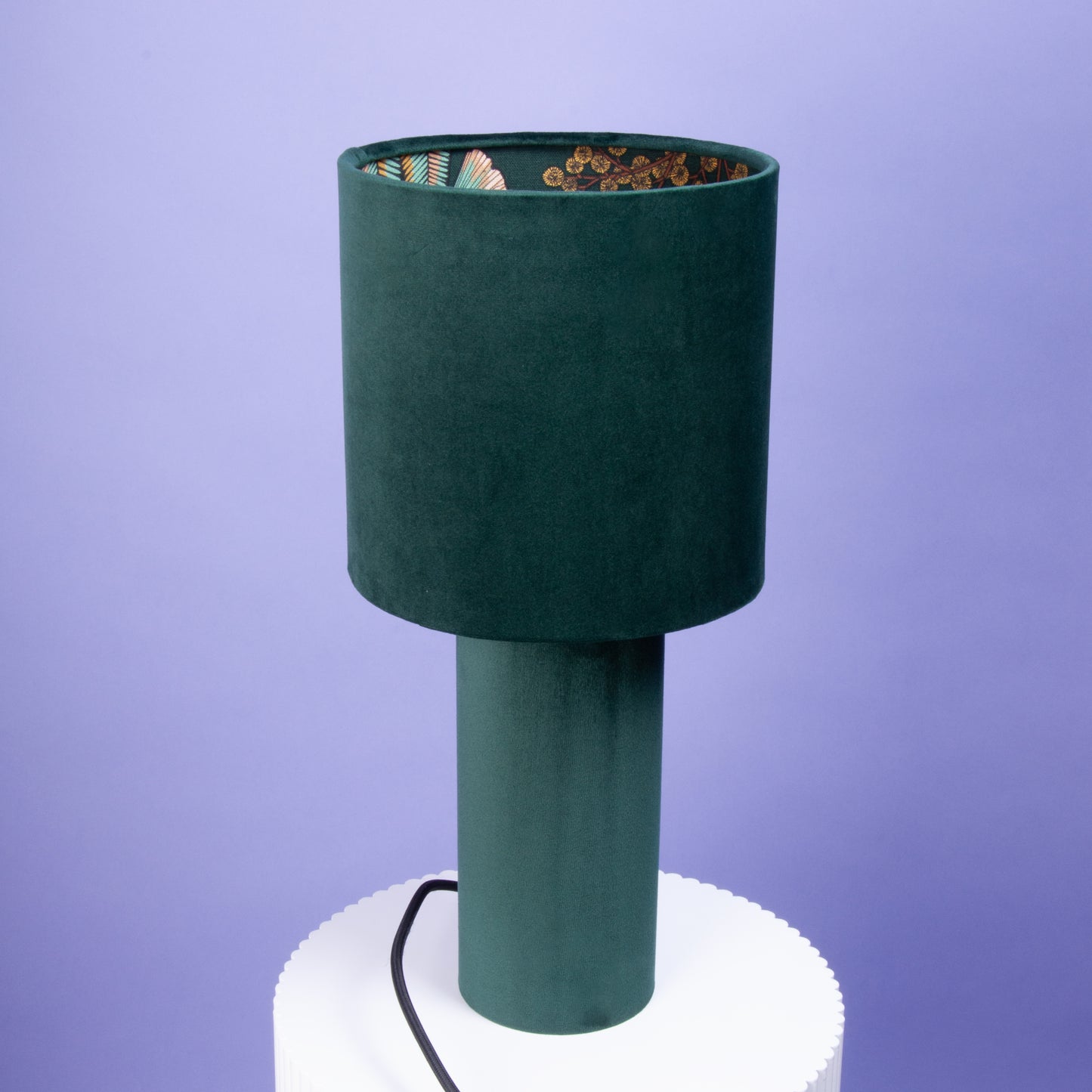 Tischleuchte Samt Sockel Grün – Innen Musterstoff Floral Ginkoblätter