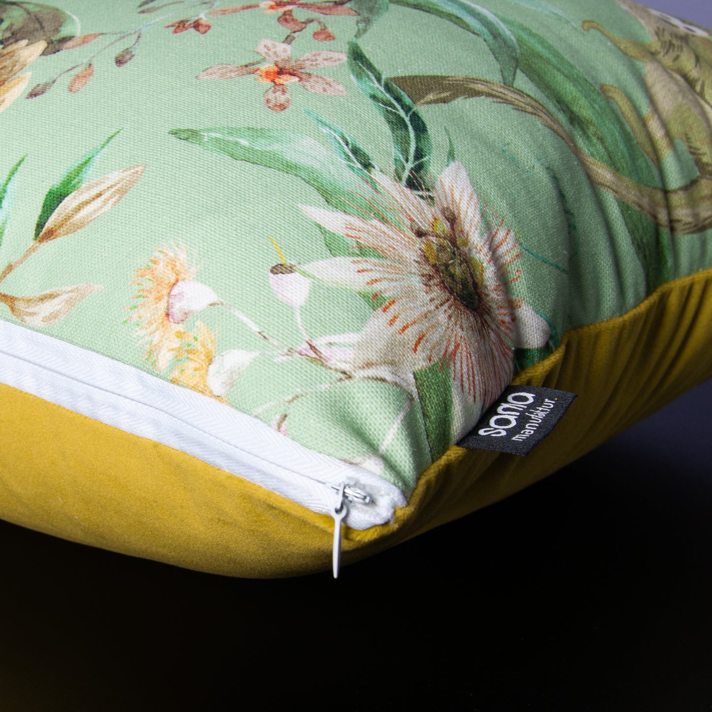 Dekokissen 40 x 40 cm Stoff Baumwollstoff Dschungel Tropisch Affen, Rückseite grüngelber Samt