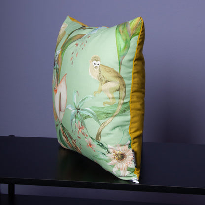 Dekokissen 40 x 40 cm Stoff Baumwollstoff Dschungel Tropisch Affen, Rückseite grüngelber Samt