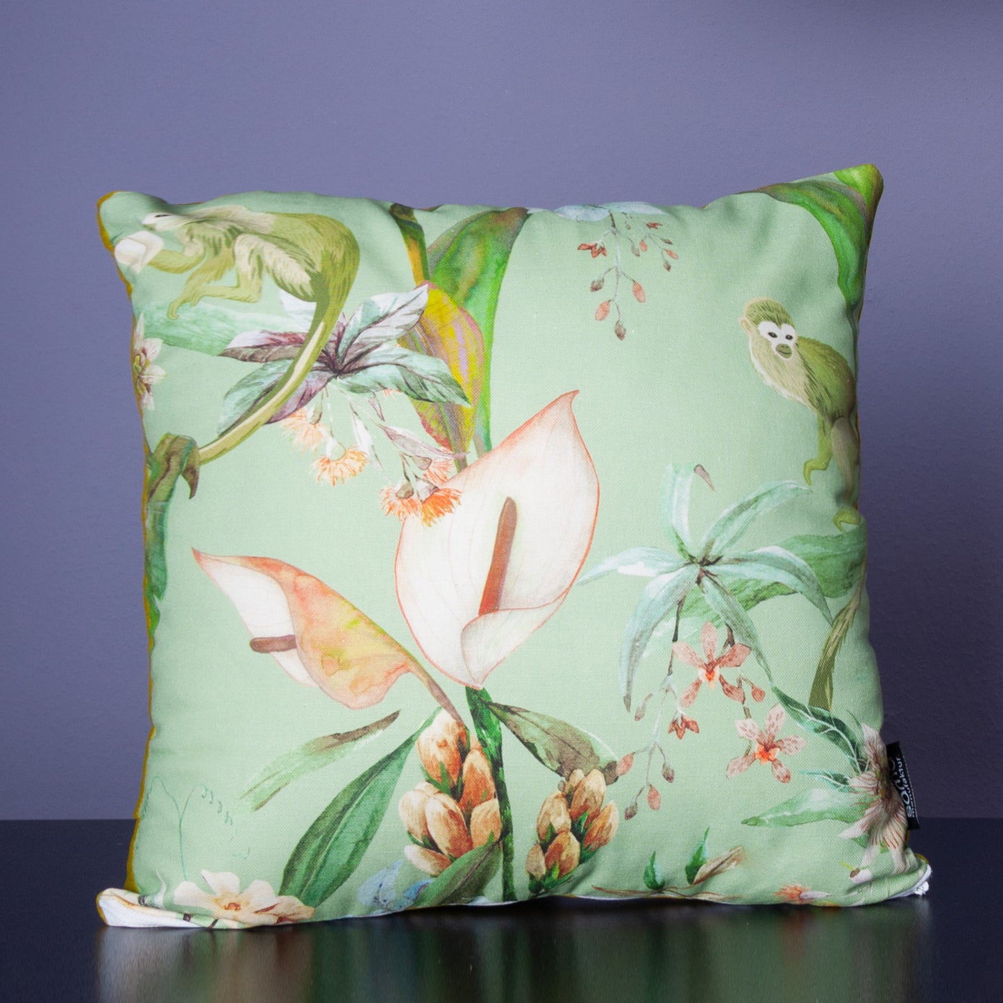 Dekokissen 40 x 40 cm Stoff Baumwollstoff Dschungel Tropisch Affen, Rückseite grüngelber Samt