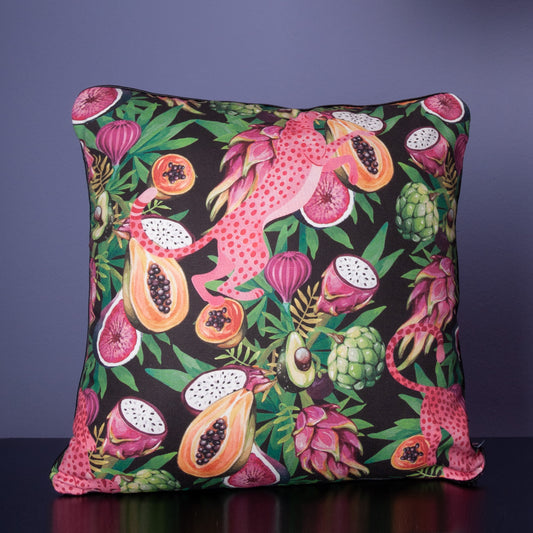 Dekokissen 40 x 40 cm Stoff Baumwollstoff Dschungel Tropisch Leoparden pink Früchte, Rückseite pinker Samt