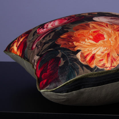 Dekokissen 40 x 40 cm Stoff Samtstoff mit Rosenmotiv Retro, Rückseite Baumwolle olive grün