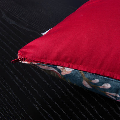 Handgefertigtes Samt Dekokissen Tukan Vögel Floral Blaugrau rote Rückseite