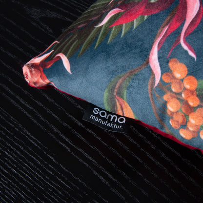 Handgefertigtes Samt Dekokissen Tukan Vögel Floral Blaugrau rote Rückseite