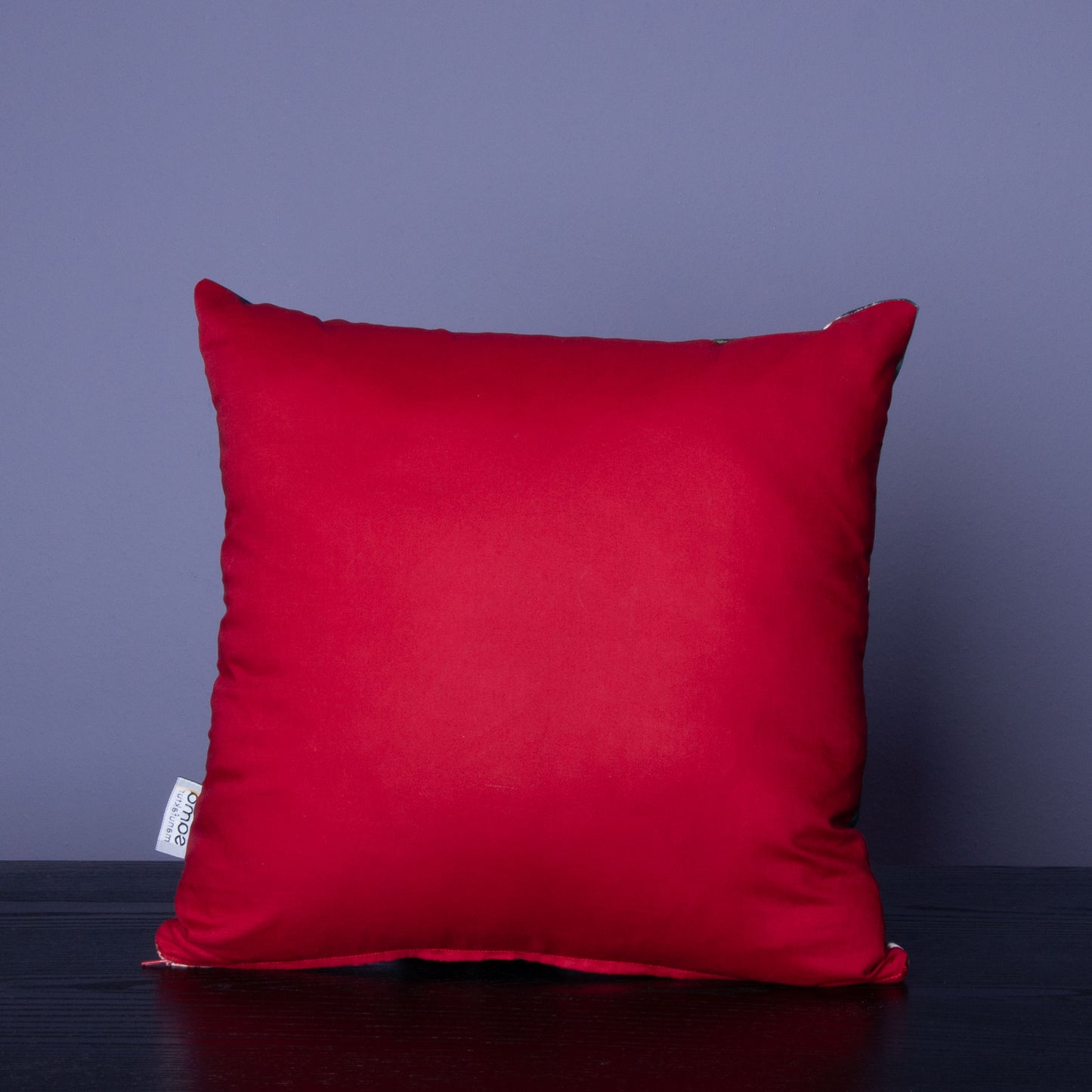 Handgefertigtes Samt Dekokissen Tukan Vögel Floral Blaugrau rote Rückseite