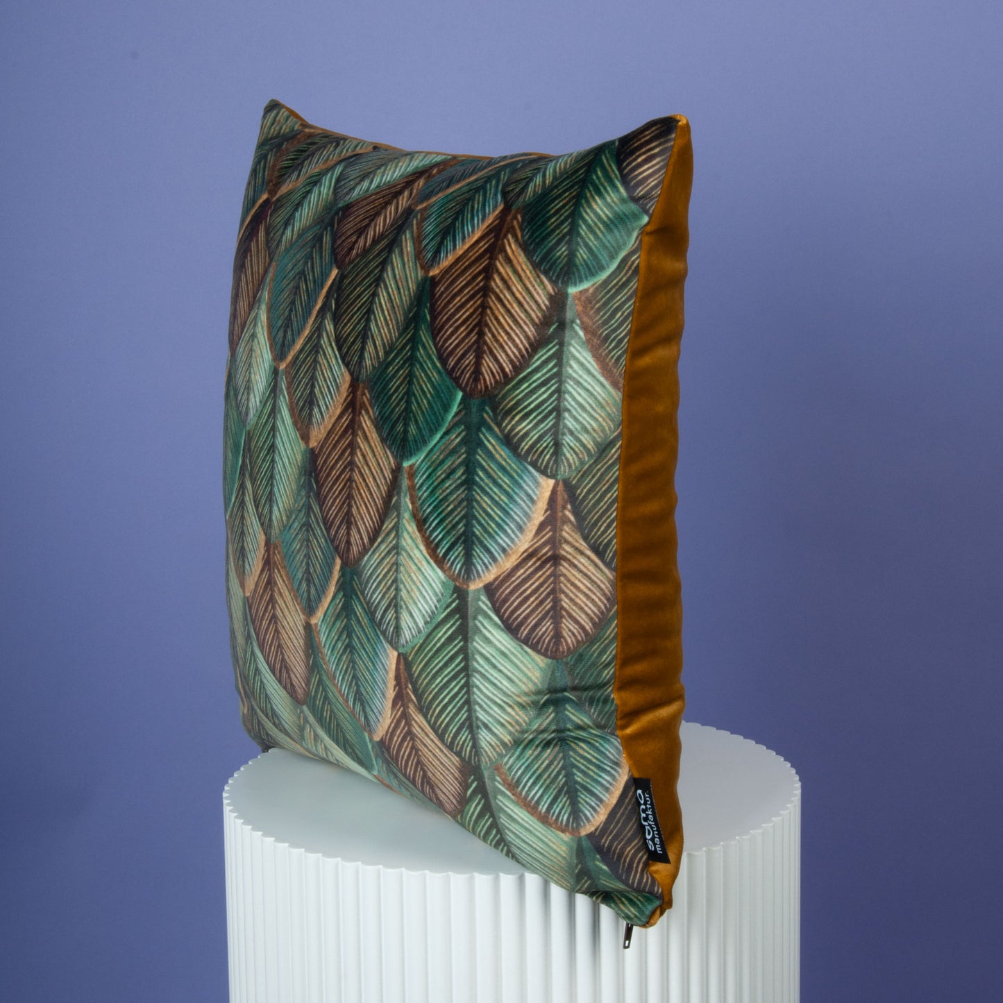 Dekokissen 40 x 40 cm Stoff Samt Blätterfächer Rückseite Samt Gold