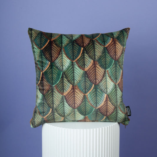 Dekokissen 40 x 40 cm Stoff Samt Blätterfächer Rückseite Samt Gold