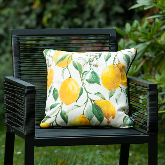 Outdoor Dekokissen 40 x 40 cm Zitronen, Rückseite schwarz-weiß gestreift