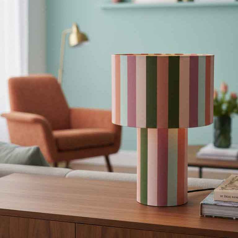 Handgefertigte Tischlampe aus gestreiften Samtstoff – verspielte Designleuchte