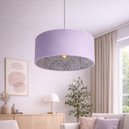 Lampenschirm Flieder Samt mit Muster innen – Design Hängelampe modern