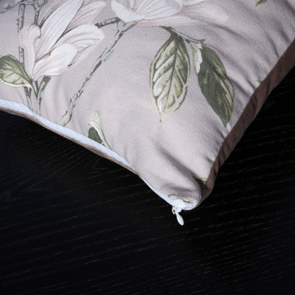 Dekokissen 40 x 40 cm Stoff Baumwolle Floral Beige weiße Blumen Rückseite Samt Beige