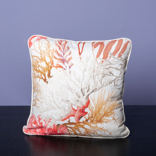 Dekokissen 40 x 40 cm Baumwollstoff mit Korallenmotiv, Rückseite Samtstoff Cremeweiss