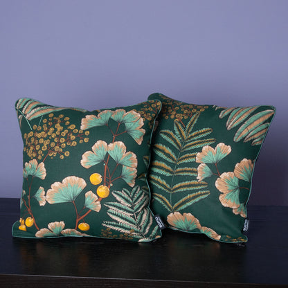 Dekokissen 40 x 40 cm Stoff Baumwollstoff grüne Blätter Floral, Rückseite grüner Samt