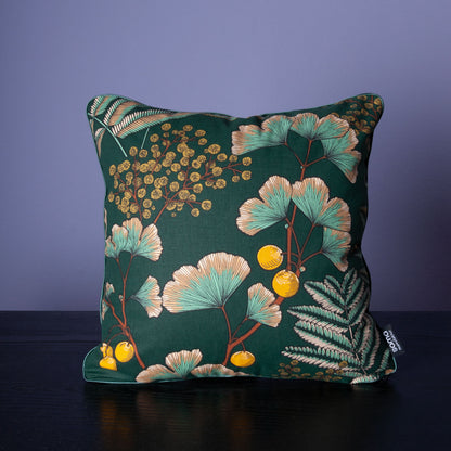 Dekokissen 40 x 40 cm Stoff Baumwollstoff grüne Blätter Floral, Rückseite grüner Samt