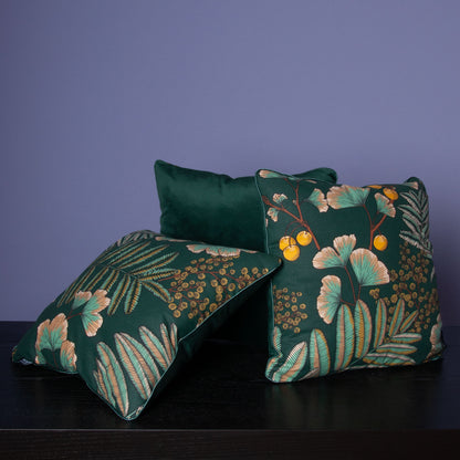 Dekokissen 40 x 40 cm Stoff Baumwollstoff grüne Blätter Floral, Rückseite grüner Samt