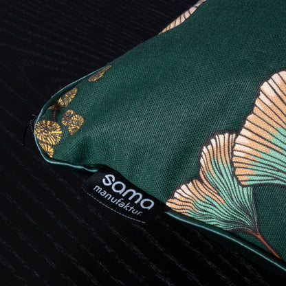 Dekokissen 40 x 40 cm Stoff Baumwollstoff grüne Blätter Floral, Rückseite grüner Samt