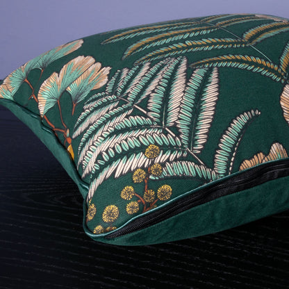 Dekokissen 40 x 40 cm Stoff Baumwollstoff grüne Blätter Floral, Rückseite grüner Samt