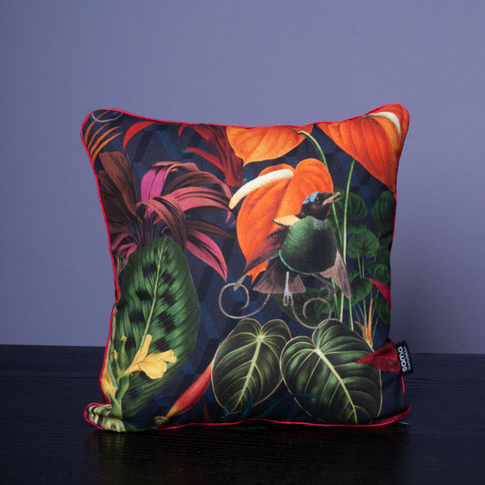 Dekokissen 40 x 40 cm Stoff Baumwollstoff Dschungel Vögel rot, Rückseite Samt rot